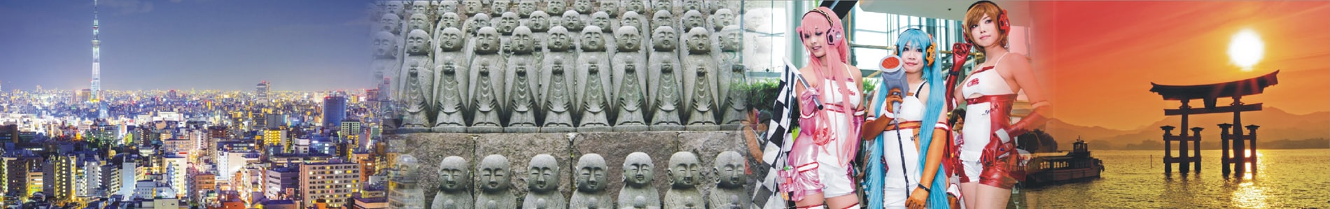 Japan youth travel offers a unique contrast between the modern Tokyo city skyline and the peaceful presence of Japanese Jizo sculptures, blending tradition with innovation.