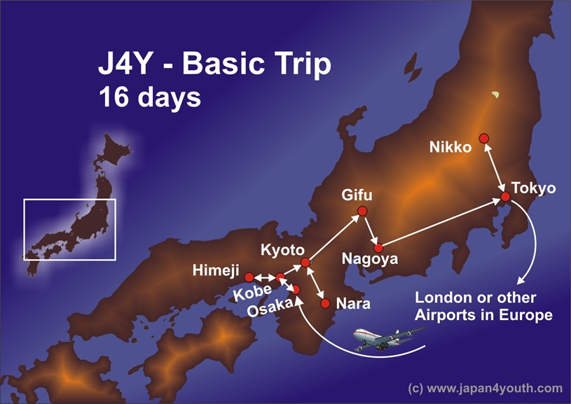 Japan Youth Travel: 16-Day Trip Map Explore Japan with a basic 16-day trip travel map, designed for an unforgettable Japan Youth Travel adventure.
