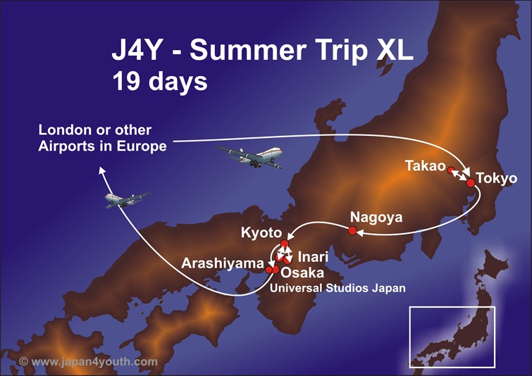 Map of the itinerary Japan4Youth Summer Trip XL 19 Days